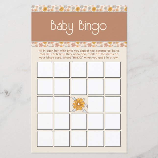 Boho Floral Baby Shower Bingo Game (Front)