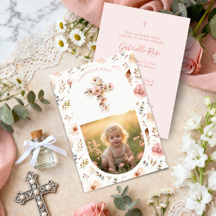 Boho Floral Baptism Dusty Pink Photo LPM26 Invitation