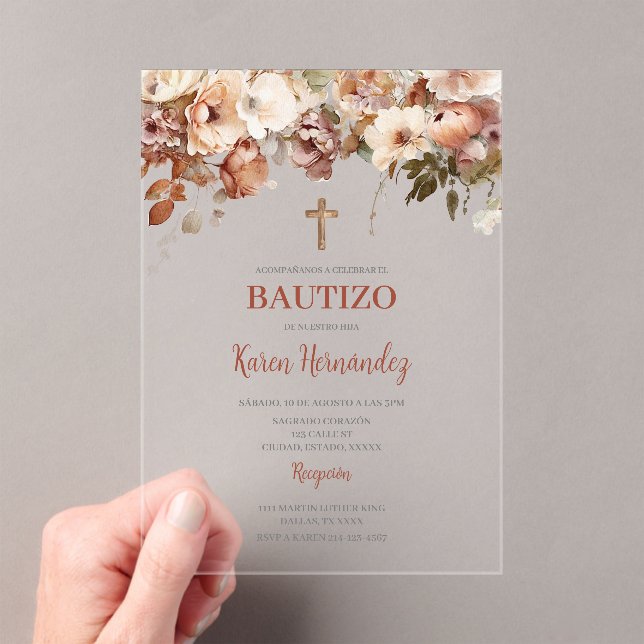 Boho Floral Baptism Spanish acrylic Invitation (Insitu (Handheld))