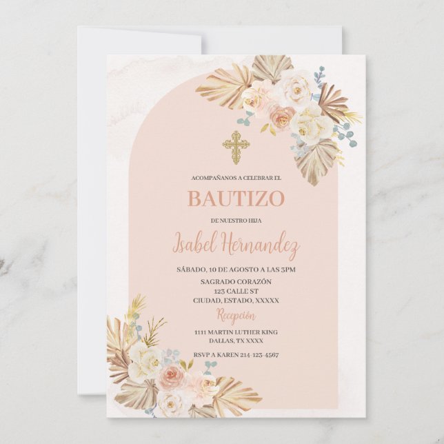 Boho Floral Bautizo Spanish Invitation (Front)