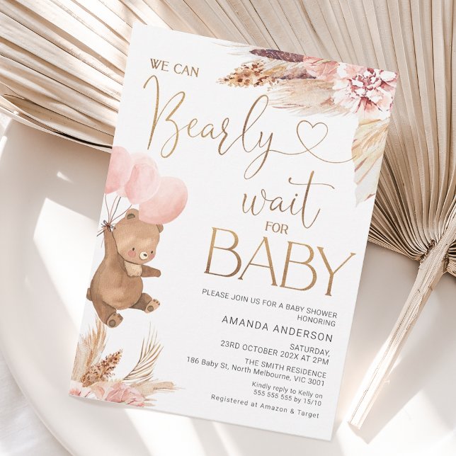 Boho Floral Bearly Wait for Baby Baby Shower Invitation (Creator Uploaded)