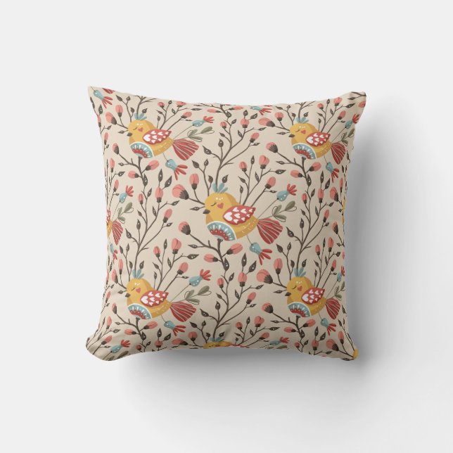 Boho Floral Birds Garden Pattern Throw Pillow (Front)