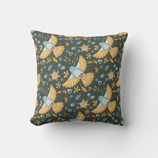 Boho Floral Birds Garden Pattern Throw Pillow (Front)