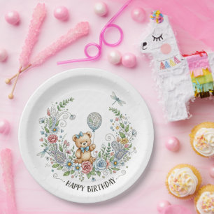 Boho floral birthday bear paper plate