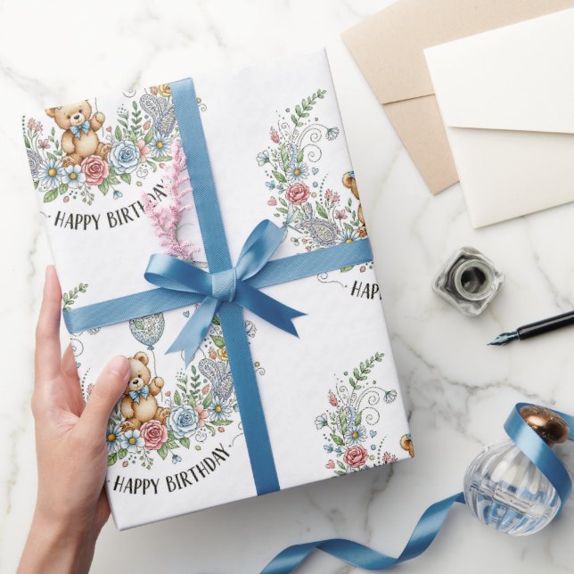 Boho floral birthday bear wrapping paper (Gifting)