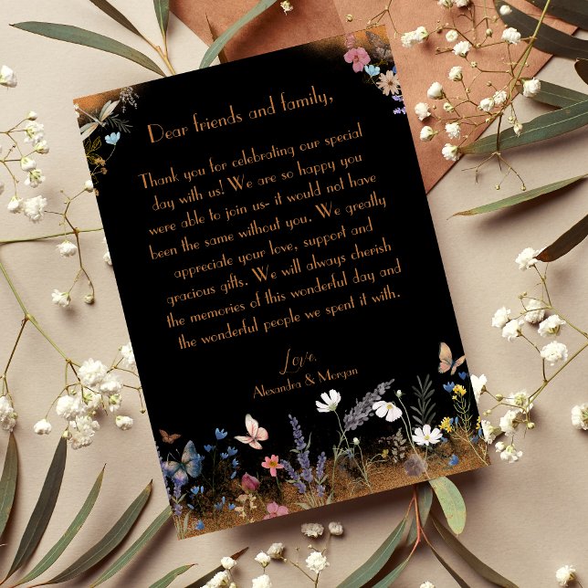 Boho Floral Black Butterfly Garden Carte de remerc (Créateur téléchargé)