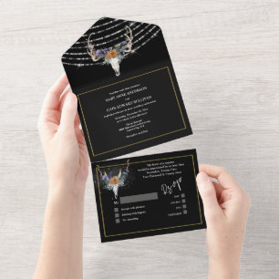 Boho floral black orange purple string lights chic all in one invitation