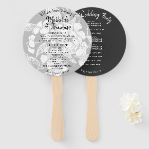 Boho Floral Black White Modern Wedding Program Hand Fan