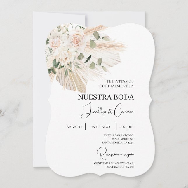Boho Floral Blanc Faire-part de mariage espagnol (Devant)