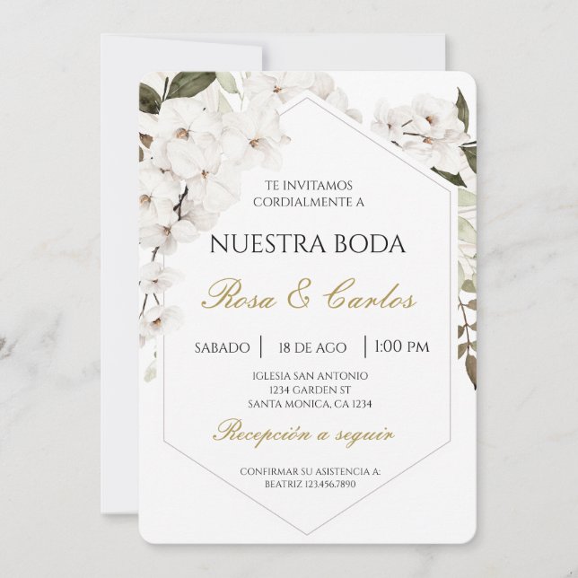 Boho Floral Blanc Faire-part de mariage espagnol (Devant)
