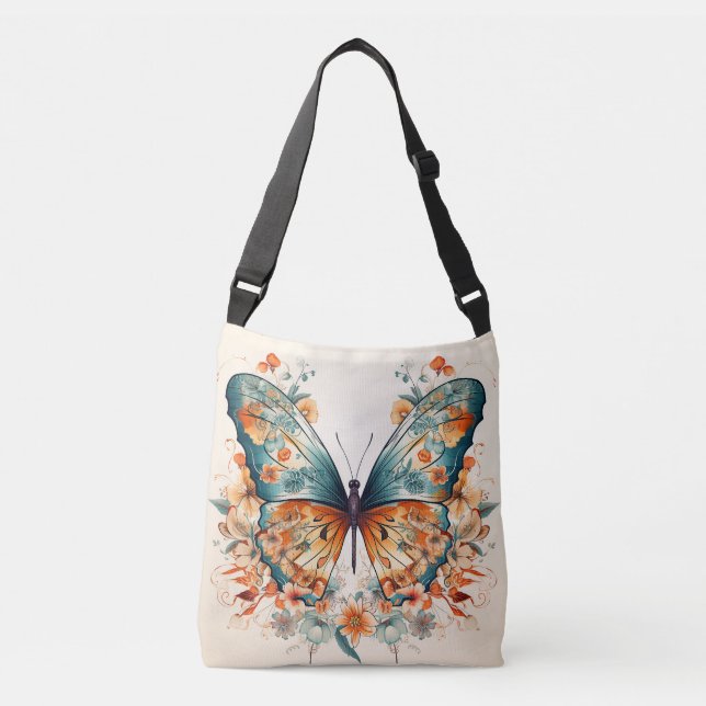 Boho Floral Blossom Butterfly Meadow Watercolor Crossbody Bag (Front)