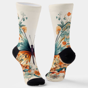 Boho Floral Blossom Butterfly Meadow Watercolor Socks