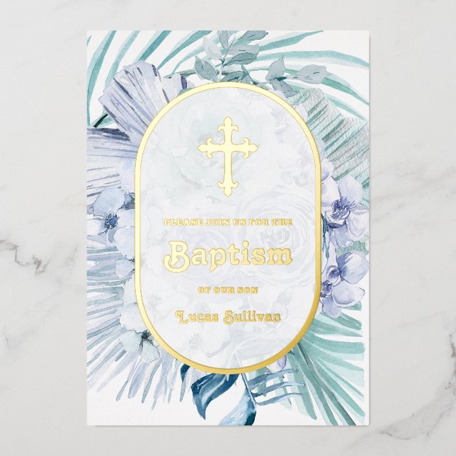 Boho Floral Blue Bouquet Baptism Foil Invitation (Front)