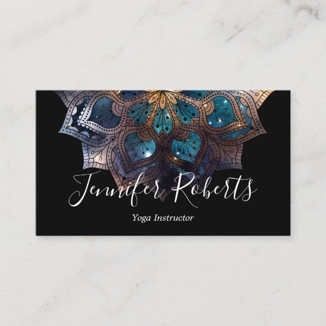 Boho Floral Blue Gold Mandala Chic Black Business Card (Front)