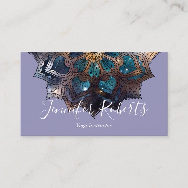 Boho Floral Blue Gold Mandala Chic Purple Business Card (Front)