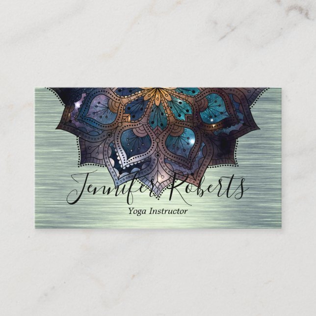 Boho Floral Blue Gold Mandala Chic Yoga Instructor Business Card (Front)