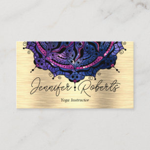 Boho Floral Blue Mandala Chic Yoga Instructor Gold Business Card