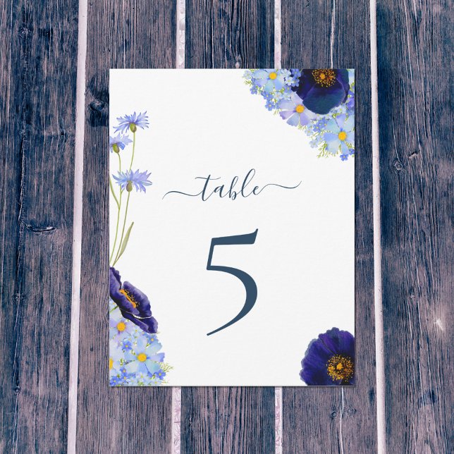 Boho Floral Blue Wedding Table Number (Modern wildflower watercolor artwork by artist Catherine Sweetman )