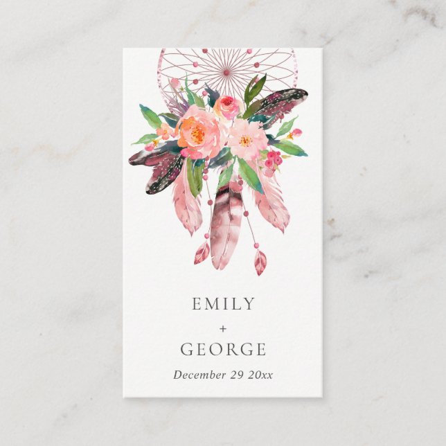 BOHO FLORAL BLUSH DREAM CATCHER WEDDING THANK YOU BUSINESS CARD (Front)