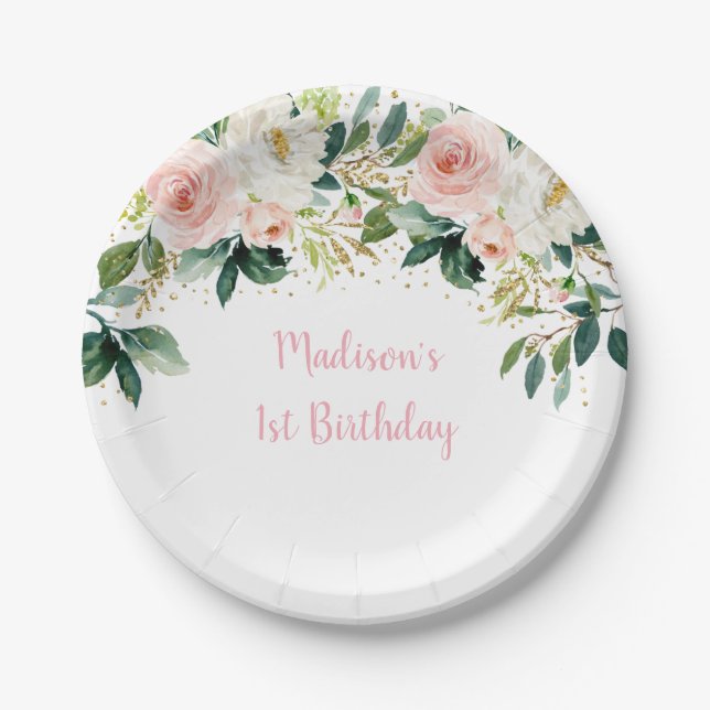 Boho Floral Blush Gold Birthday Paper Plate (Front)