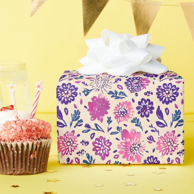 Boho Floral Botanical Purple Wrapping Paper (Birthday Party)