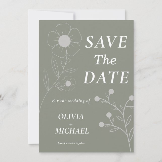 Boho Floral Botanical Saga Green  Save The Date (Front)