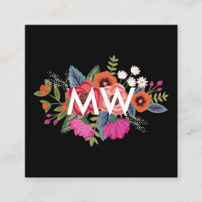 Boho Floral Bouquet Black Background Monogram Square Business Card (Front)