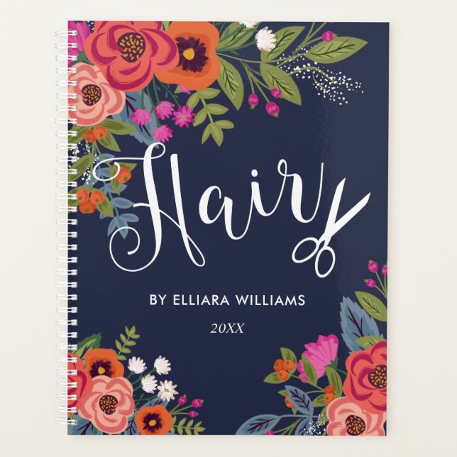 Boho Floral Bouquets - Navy Blue Hair Stylist Planner (Front)