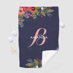 Boho Floral Bouquets - Navy Blue & Pink Monogram Golf Towel
