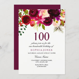 Boho Floral Bourgogne 100e anniversaire Invitation
