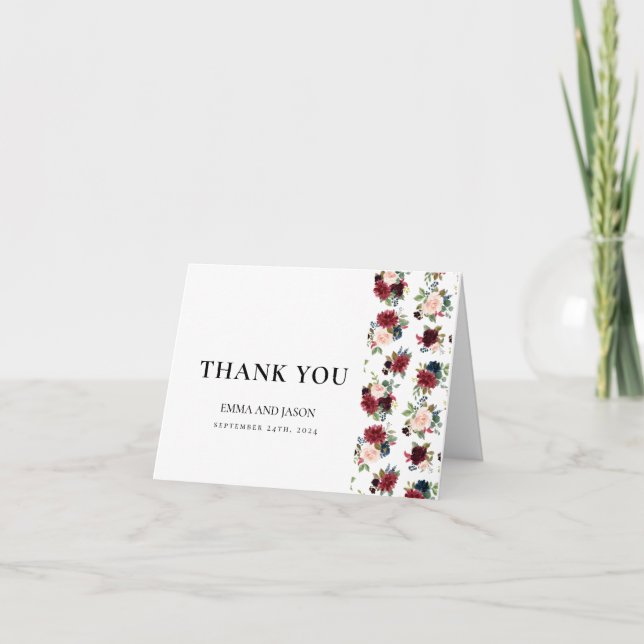 Boho Floral Bourgogne Blush Mariage Carte de remer (Devant)
