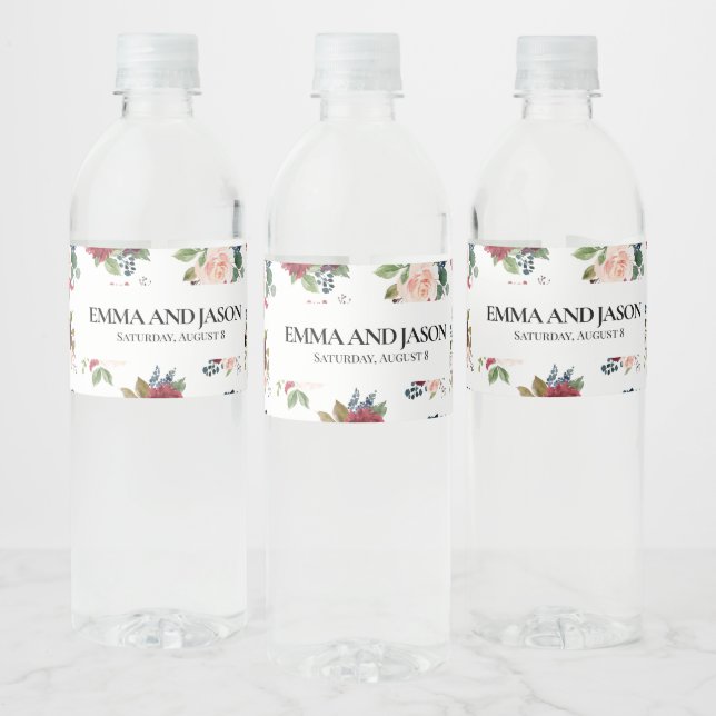 Boho Floral Bourgogne Étiquette de bouteille d'eau (Bouteilles)