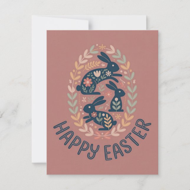 Boho Floral Bunny Easter Wreath Spring Card (Front)