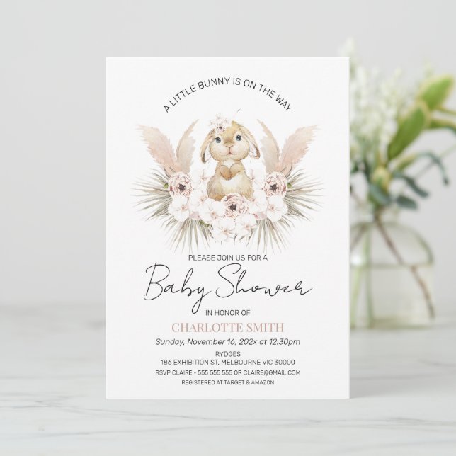 Boho Floral Bunny Rabbit Baby Shower Invitation (Standing Front)