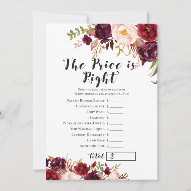 Boho Floral Burgundy Bridal Shower Game 5x7 Invitation (Front)