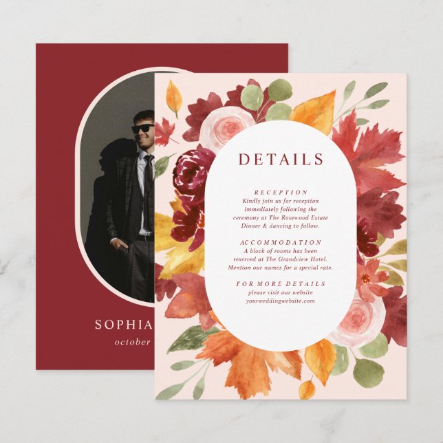 Boho Floral Burgundy Fall Photo Wedding Details Enclosure Card (Front/Back)