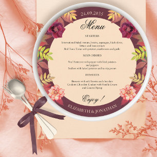 Boho Floral Burgundy Rose Round Wedding Menu Card