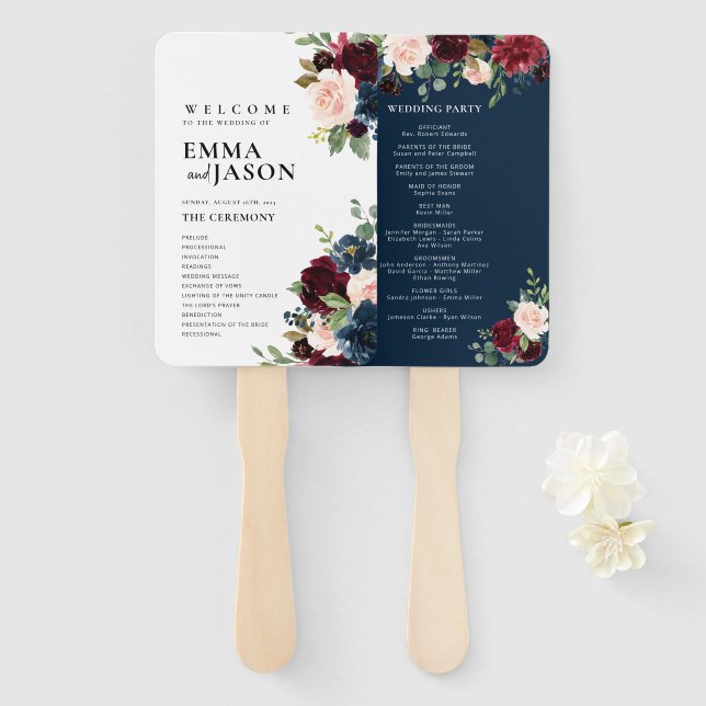 Boho Floral Burgundy Wedding Program Fan Hand (Front and Back)