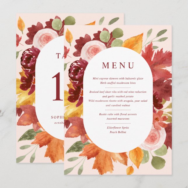Boho Floral Burgundy Wedding Table Number Menu (Front/Back)