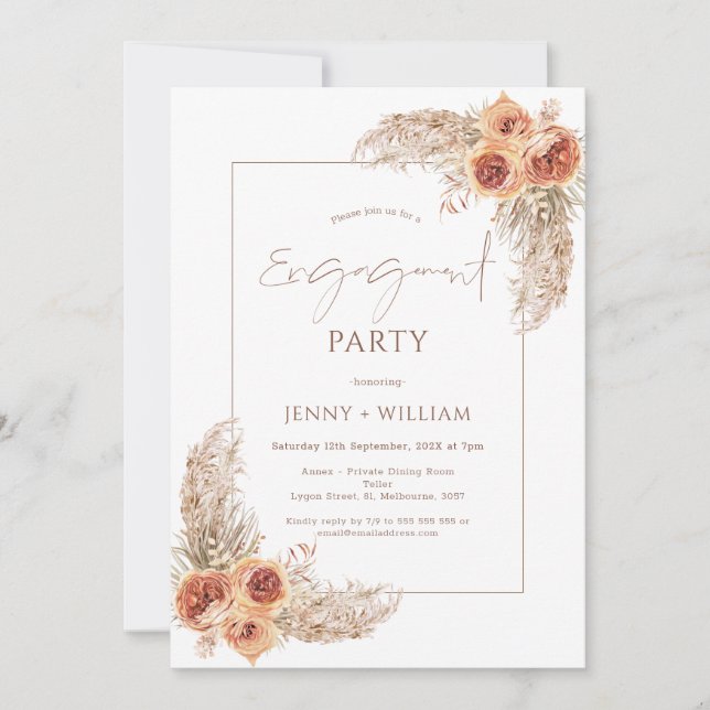 Boho Floral Burnt Orange Pampas Grass Engagement  Invitation (Front)