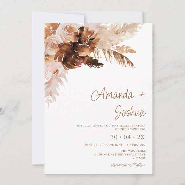 Boho Floral Burnt Orange Pampas Grass Wedding Invitation (Front)