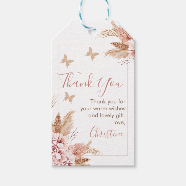 Boho Floral Butterfly Kisses Baby Shower Thank You Gift Tags (Front)