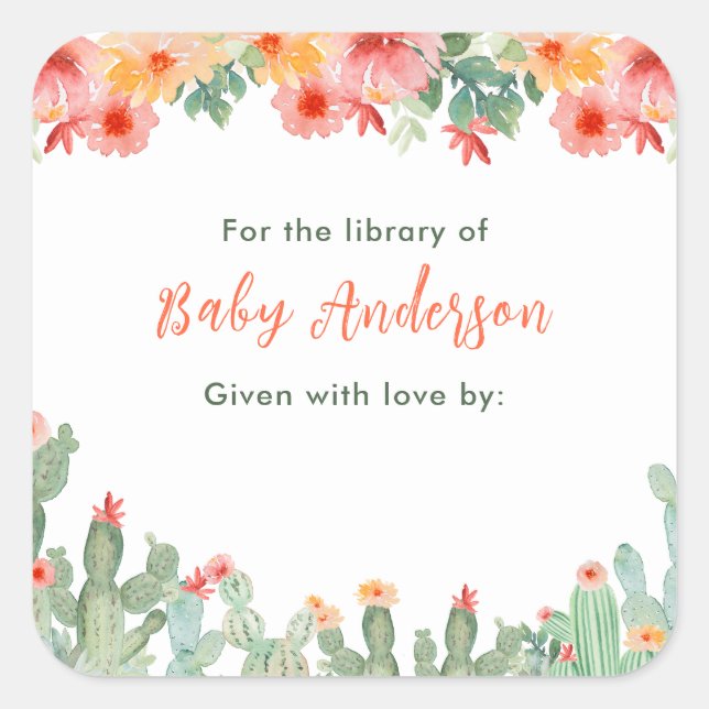 Boho Floral Cactus Baby Library Bookplate Square Sticker (Front)