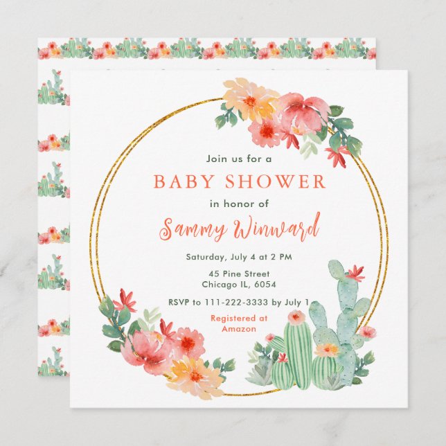 Boho Floral Cactus Baby Shower Invitation (Front/Back)