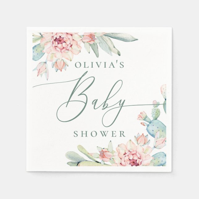 Boho Floral Cactus | Desert Botanical Baby Shower Napkin (Front)