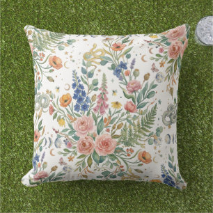 Boho Floral Celestial Moon  & Snakes Botanical Outdoor Pillow