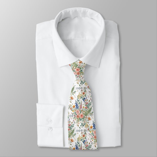 Boho Floral Celestial Moon  & Snakes Botanical Tie (Tied)