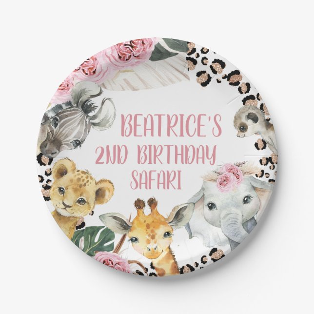 Boho Floral Cheetah Print Safari Birthday Party Paper Plate (Front)