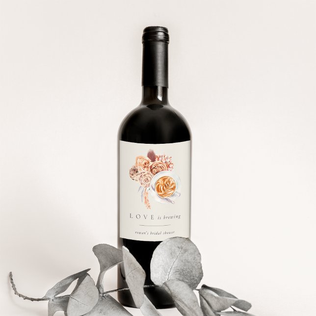 Boho Floral Coffee "Love is Brewing" Bridal Shower Wine Label (Creator Uploaded)