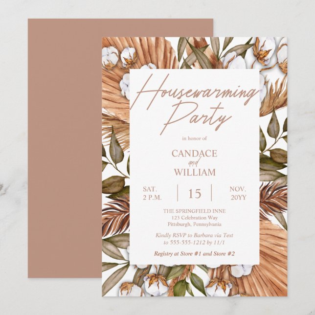 Boho Floral Cotton | Grasses Housewarming Party Invitation (Front/Back)